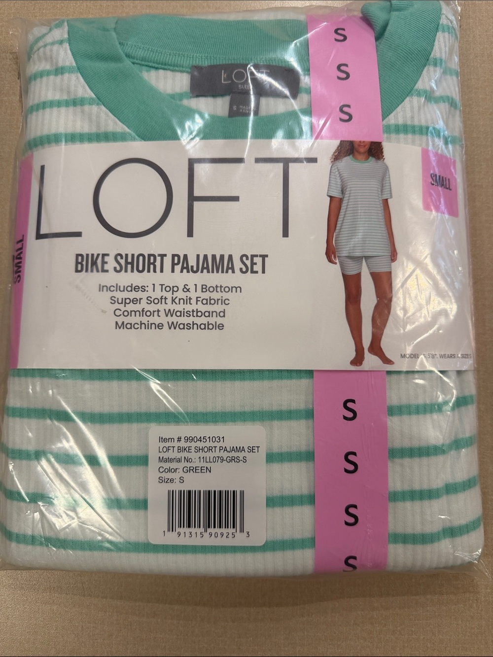 NWT LOFT Mint Green and White Striped Bike Short Pajama Set Sz small